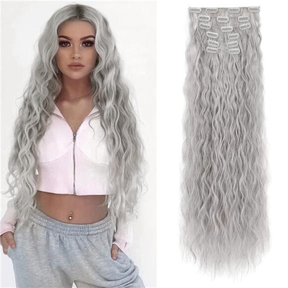 Clip In Hair Extensions, 6PCS Hair Extensions Grey/Silver/White Mixed